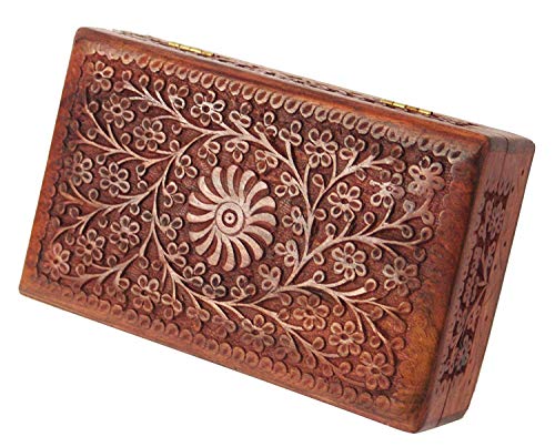 Ajuny Wooden Handcarved Decorative Jewelry Storage Box Flower Design Multipurpose Treasure Chest Keepsake Organizer Neckla...