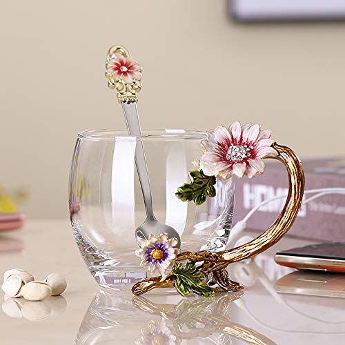 JY-Danbady Enamel Sunflower Crystal Lead-Free Glass Tea Cup with Spoon Set, Present for The Christmas, Valentine's Day.Bes...