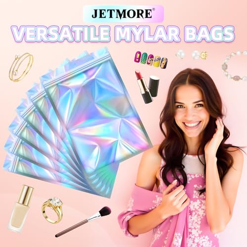 JETMORE 50 PCS Mylar Bags 6x9in, Resealable Holographic Bags, Clear Smell Proof Bag for Gift, Party Favor, Jewelry, Candy,...