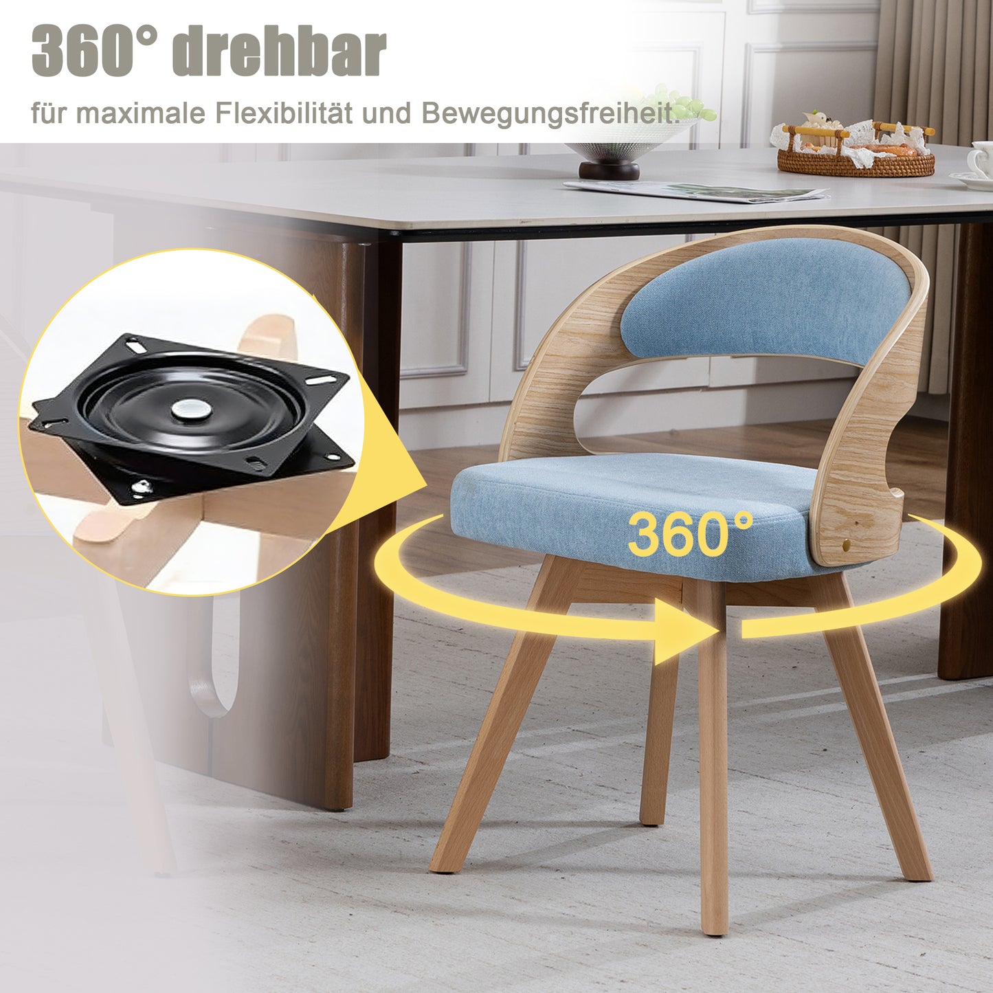 A Set Of Two Wooden Dining Chairs In A Modern Style, With Swivel Seats, Cotton Linen Seat Cushions And Curved Backrest, Accent Chairs For Kitchen, Cafe& Living Room  Blue Linen