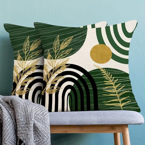 AEIOAE Boho Green Gold Pillow Covers 18x18 Set of 2 Mid Century Tropical Leaf Decorative Throw Pillow Abstract Outdoor Lin...
