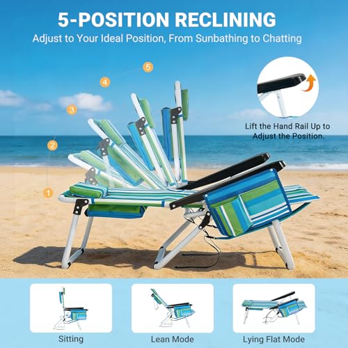 Beach Chair for Adults,Portable 5 Position Backpack Beach Chair Reclining, Lay Flat Lightweight Folding Camping Chair w/La...