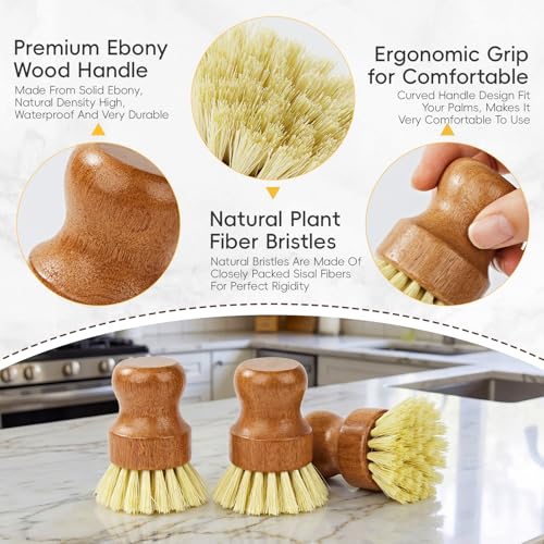 DEBETOOL 3-Pack Wooden Dish Brush - Natural Dish Scrubber & Vegetable Brush with Sisal Bristles, Kitchen Scrub Brush for P...