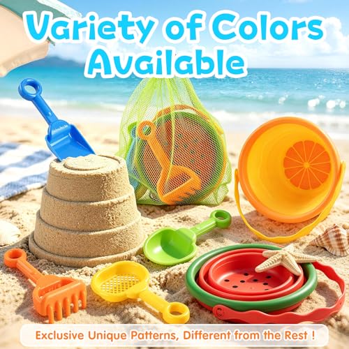 Collapsible Beach Toys for Kids,2 Packs Foldable Silicone Sand Buckets Set with 4 Packs Sand shovels and Mesh Bag,Travel B...