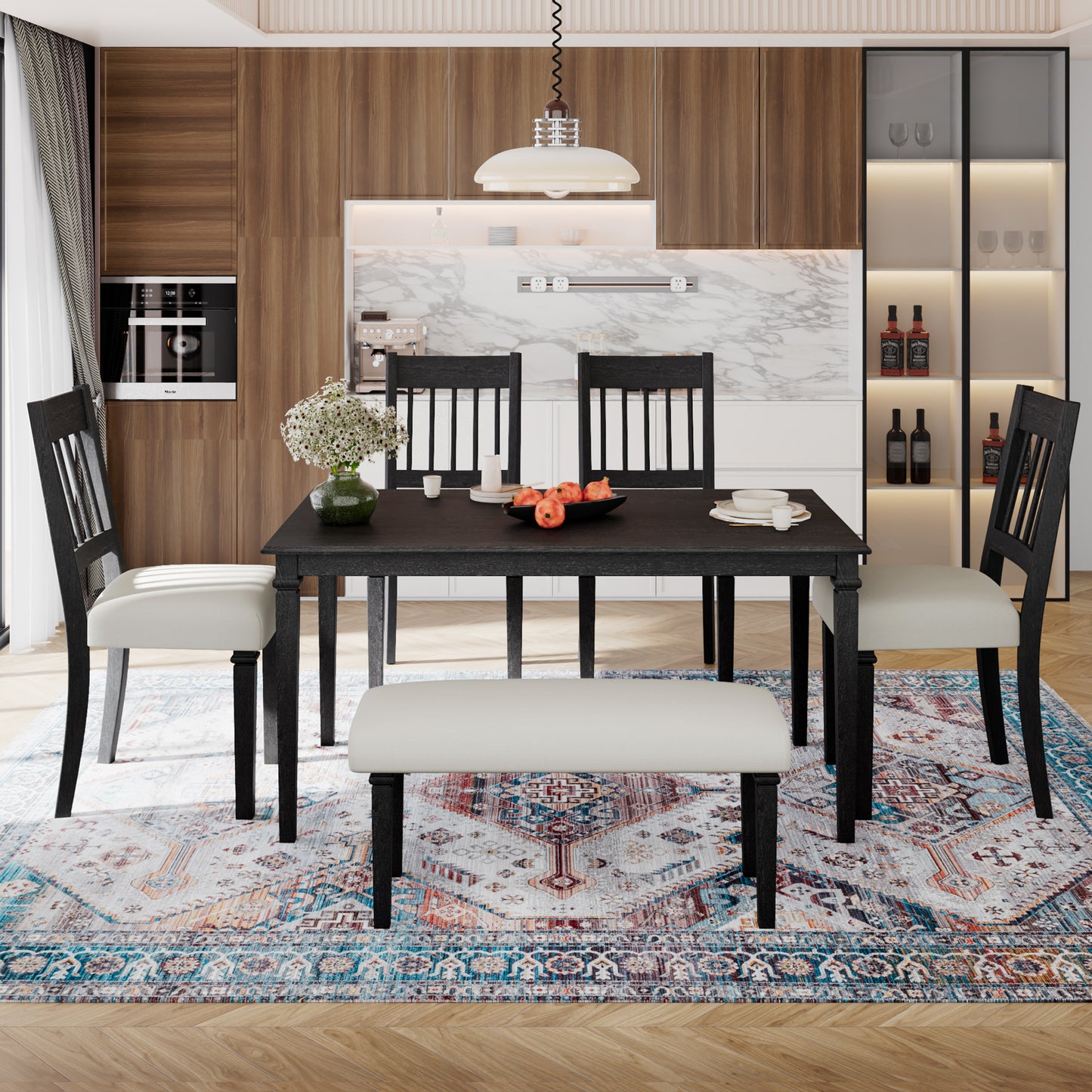 6-Piece Retro Dining Room Set, Classic Kitchen Furniture Set, Wooden Rectangular Table And 4 Chairs With Bench For Kitchen & Dining Room, Easy Assembly, Space Saving, DOVETAIL GREY  N752S000031