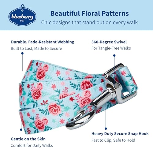 Blueberry Pet Essentials Spring Scent Inspired Garden Floral Dog Leash in Pastel Blue, 5 ft x 3/4", Medium, Leashes for Dogs