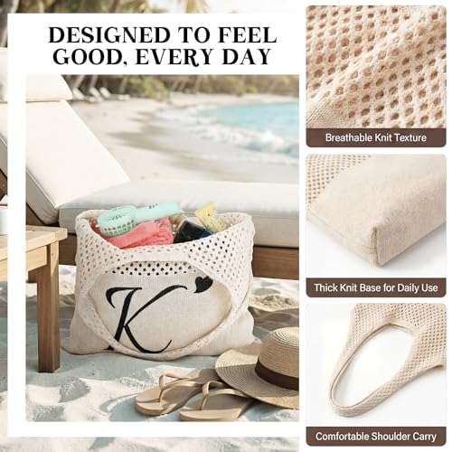 Shinylin Personalized Crochet Tote Bag for Beach Women Beige Mesh Knit Shoulder Bag Boho Aesthetic Tote for Women
