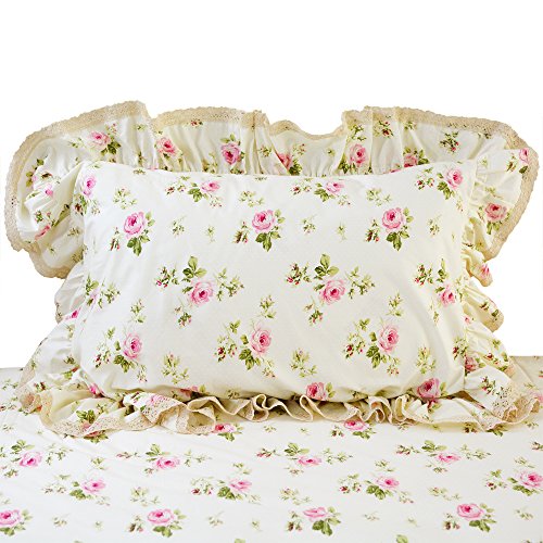FADFAY Rosette Floral Print Duvet Cover Set Princess Lace Ruffle Bedding Set for Girls 3 Pieces Twin Size