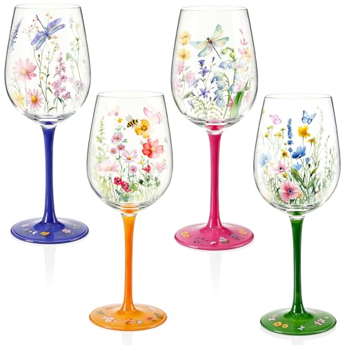 Nuogo 4 PCS Wild Flower Wine Glasses - 15 oz Hand Painted Floral Dragonfly Butterfly Stem Glass Goblet Novelty Gift for Ho...