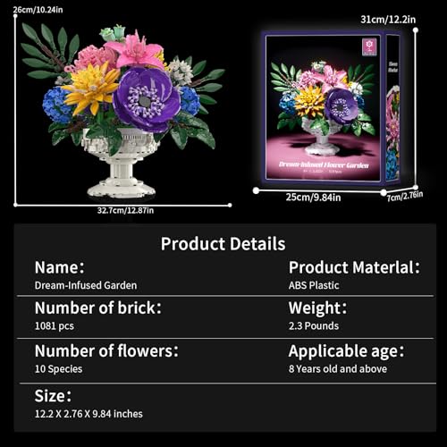 Cogibrix Botanicals Flower Bouquet Building Set - Includes Hydrangeas, Snapdragons, Peonies & More, Artificial Flower Arra...