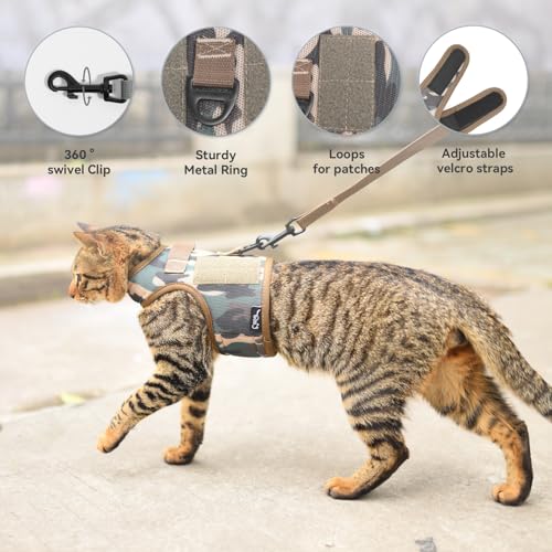Yizhi Miaow Tactical Cat Harness and Leash for Walking Escape Proof Breathable Mesh Fabric, Green Jungle Camo, Large, Adju...