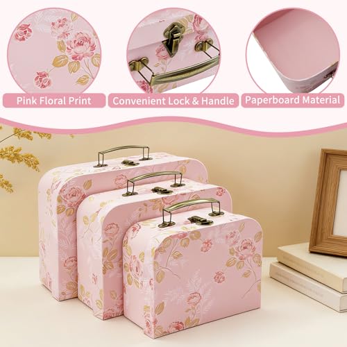 Cheardia 3 Pack Paperboard Suitcases Storage Box, Decorative Storage Boxes Gift Boxe With Lid, Stackable Cardboard Trunk f...