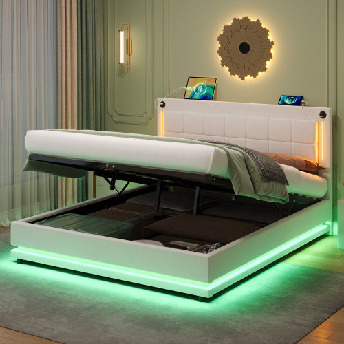 4ft6 Double LED Hydraulic Bed With Charging Station, Adjustable Square Tufted Headboard With Intelligent Control Light, Soft Velvet Bed Frame With USB And Type - C Ports, Beige
