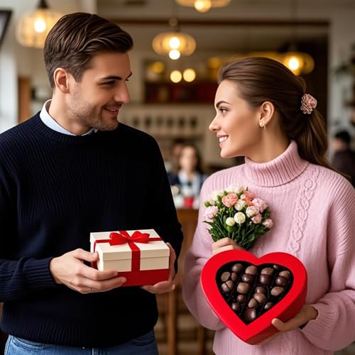 Manoczy 10" Cardboard Heart Shaped Mache Flowers Packaging Strawberries Sweets Gift Box with Clear Lid Set of 2(L/M) (Red,...