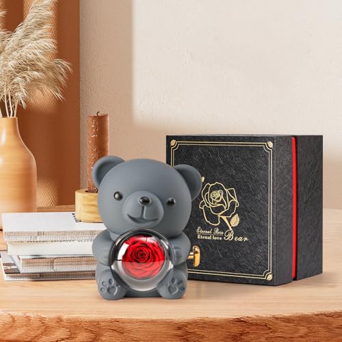 Cute Teddy Bear with Preserved Rose - A Real Rose Flower in Bear with Elegant Gift Box - Romantic Gift for Her in Mother's...