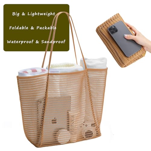 BESSKON Large Beach Bags for Women, Mesh Beach Tote with Zipper, Foldable Pool Tote Bag Travel Beachbag Waterproof Sandproof