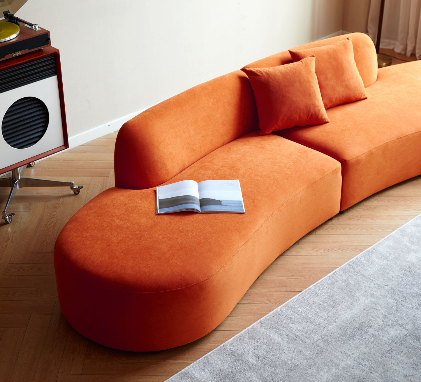 132   Curved Sofa With Throw Pillows, 6 Seater Luxury Velvet Couch With Half Moon Design And High-Density Foam, Ideal For Modern Living Room, Office & Apartment, Red Orange