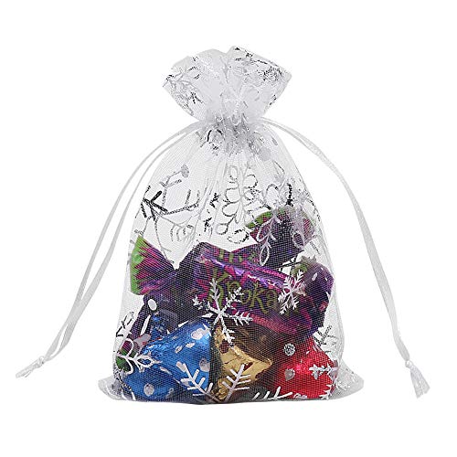 HRX Package 100pcs Snowflake Organza Gift Bags Christmas 4x6 inch, Small White Mesh Jewelry Pouches Little Drawstring Cand...