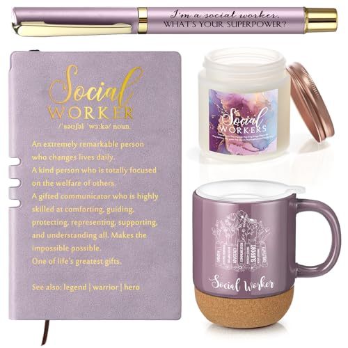 Baderke 4 Pcs Social Worker Graduation Gifts in Lavender, 15 Oz Mug Notebook Pen Candle Gift Set for BSW MSW DSW, Social W...