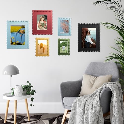 THKRLOF 4x6 Picture Frame with Mat for 3.5x5, Wavy Edge Wooden Real Glass Photo Frame for Tabletop and Wall Hanging, Gree...