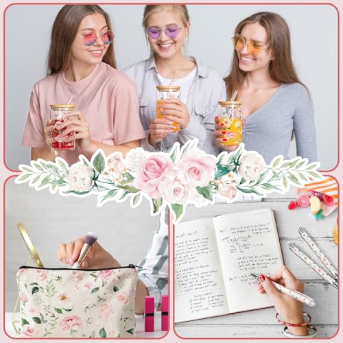 LemonRoad 24 Pcs Bulk Gifts Sets, Pink Floral PVC Transparent Bag 16 oz Glass Cups with Lids and Straws Cosmetic Bag Flowe...