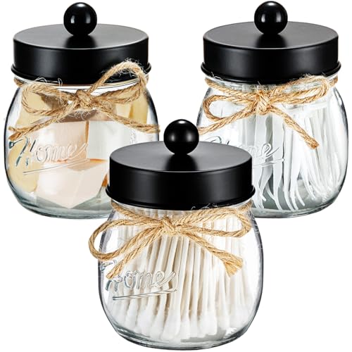SheeChung 3 Pack Qtip Holder, Cotton Swab Holders, Apothecary Jars with Lids, Bathroom Jars, Black Bathroom Accessories fo...