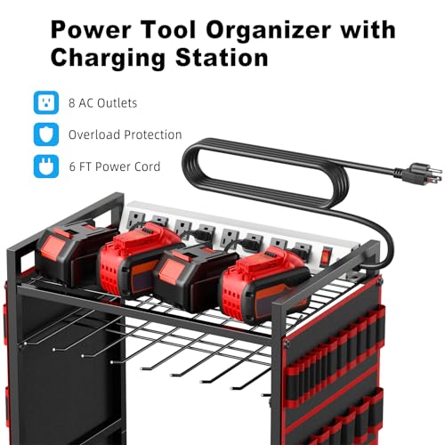 JUNNUJ Large Power Tool Organizer Cart with Charging Station, Garage Floor Standing Rolling Drill and Tools Battery Storag...
