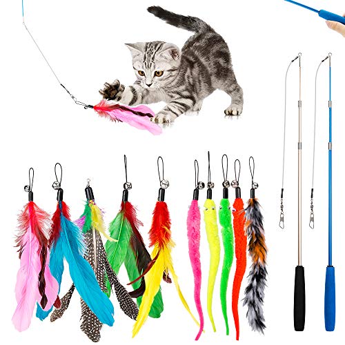 JIARON Cat Toys Feather Toy, 2PCS Retractable Wand and 10PCS Replacement Teaser with Bell Refills, Interactive Catcher and...