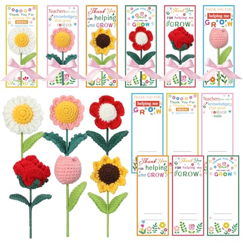 FineCheer 12 Set Teacher Appreciation Gifts for Women Thank You for Helping Me Grow Crochet Flower Teacher Party Favors Th...
