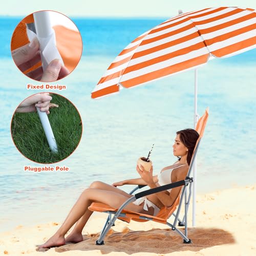 Huwena 2 Pack Beach Chairs with Umbrella for Adults, Low Folding Chair Set, Adjustable Detachable Umbrella, Lightweight Po...