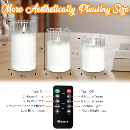 LEDHOLYT Rechargeable Flameless Glass Pillar Candles – Remote & Timer – Set of 3 White Stripes Realistic Flickering LED Li...