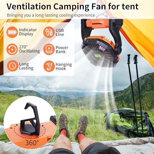 TDLOL Portable Fan Rechargeable Battery Powered Fan,270°Pivot Cordless Battery Operated Camping Fans with LED Light & Hoo...