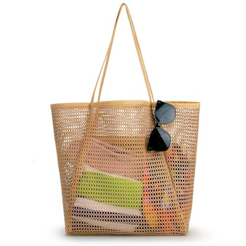 Iioscre Beach Bag for Women, Top-Handle Handbags with Zipper Inner Pocket,Foldable Swim Tote Bag for Vacation Essentials