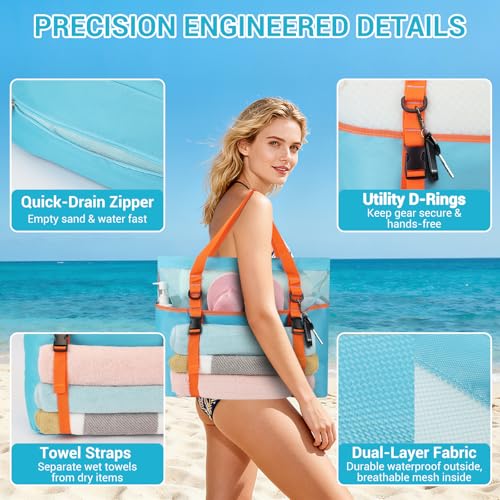 KOKKOYA 40L Large Black Mesh Beach Bag Tote with Zipper Towel Holder Sandproof Waterproof, 17" L x 8" D x 16.5" H