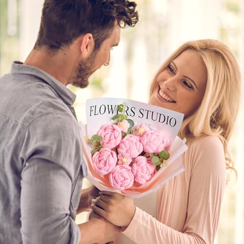 SITUMEIZI Handmade Crochet Flower Bouquet - 6 Pcs Pink Roses Knitted Bouquet Cotton Thread, Gifts for Women, Mom, Wife, Te...