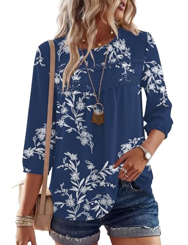 Ivicoer 3/4 Length Sleeve Womens Tops Crewneck Dressy Casual Chiffon Blouses Flowy Lace Boho Clothing Trendy 2026