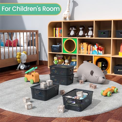 Plastic Storage Baskets with Lid-Plastic Storage Containers Stackable Storage bins: Storage Baskets for Organizing Shelves...