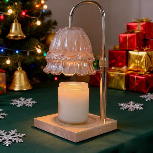 WARMCITY Glass Flower Lampshape Candle Warmer Lamp with Adjustable Height, Wax Burner Lamp with Timer and Dimmer, Wooden B...