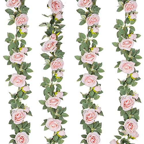 TELDRASSIL 4Pcs(26 FT) Artificial Rose Vine Fake Flower Garland Fake Silk Rose Hanging Vine for Wedding Party Background A...