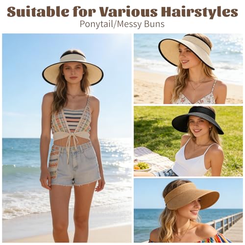 Zhamate 3 Pack Foldable Sun Visor Hats for Women Wide Brim Pontytail Straw Beach Hat for Summer