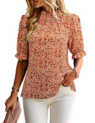 ZILIN Women's Summer Boho Floral Shirt Top Ruffle Mock Neck Puff Short Sleeve 2026 Casual Blouses