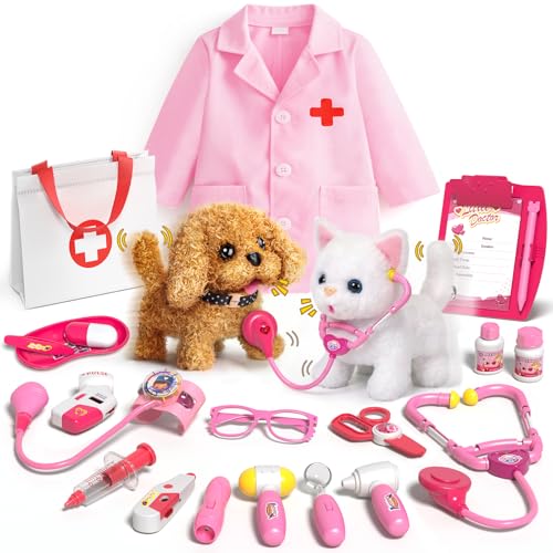 Pet Vet Kit for Kids with 2 Plush Pets (Dog & Cat) & Doctor Costume - 36Pcs Interactive Veterinarian Playset for Toddlers ...