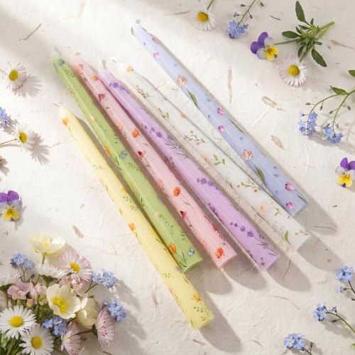 Conelist 6 Pcs 9.8" Floral Long Taper Candles Blue and White Porcelain Candlesticks Tall Smokeless Unscented Tapered Candl...