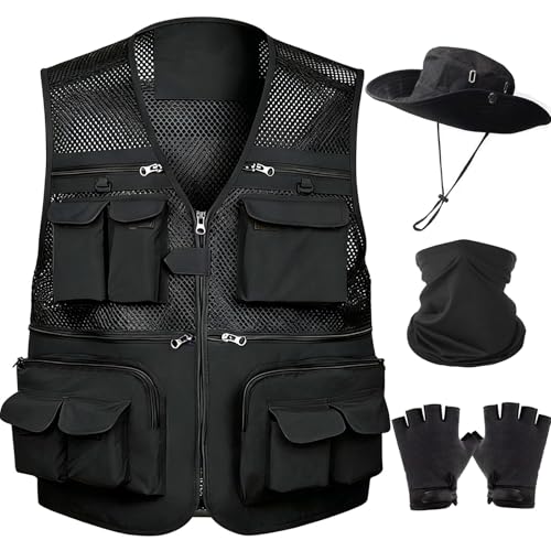 HUNTURE Fishing Vest,Pocket Travel Vest and Hat Gloves Neck Gaiter for Safari Hiking,Lightweight Work Cargo Vest for Men