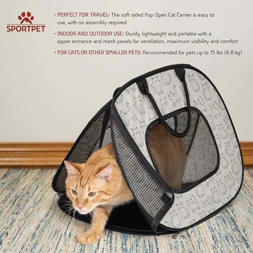 SportPet Designs Pop Open Cat Carrier, Soft-Sided Collapsible Travel Carrier for Cats up to 15 lbs, Lightweight Portable D...