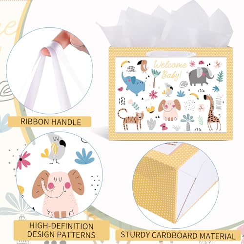woric 14.5" Baby Gift Bag for Baby Shower with Tissue Paper and Greeting Cards for Boys Girls Birthday Party(Cute Animals)