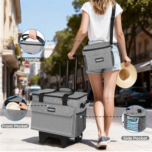 INSMEER Rolling Coolers with Mini Lunch Bag, 50 Cans Collapsible Hard Liner Cooler with Wheels, 2-in-1 Portable Trolley Ca...