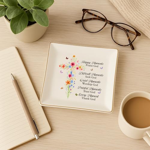 Christian Gifts for Women, Faith Inspirational Gifts - Floral Cross 4" Jewelry Dish, Religious Gift for Mom, Sister, Daugh...