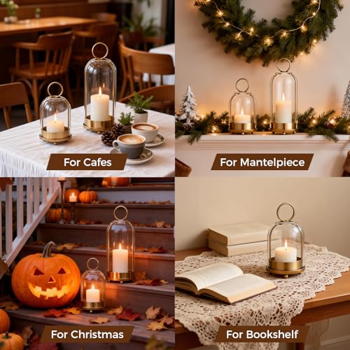 Havmorph 5"&4" Hurricane Glass Candle Holders, Hanging Brass Metal Candle Holder for Pillar Candles Table Coffee Table Dec...