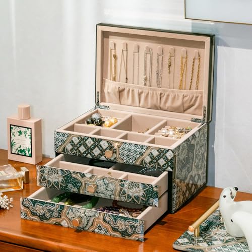 Homruilink High End Glass Jewelry Box, 3 Layer Jewelry Organizer,Velvet-Lined Case For Ring, Necklace, Earring, Bracelet S...